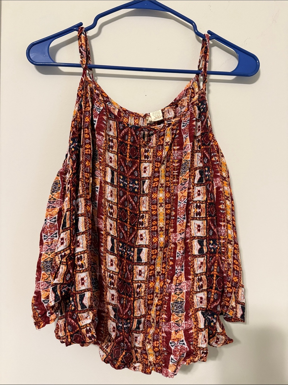 Boho Print Cold-Shoulder Women’s Top in Burgundy